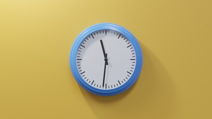 Glossy blue clock on a orange wall at thirty-one past eleven. Time is 11:31 or 23:31