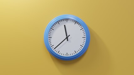 Glossy blue clock on a orange wall at thirty-eight past eleven. Time is 11:38 or 23:38
