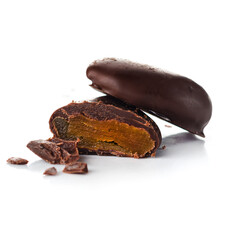 dried apricots in chocolate the cut is isolated on a white background