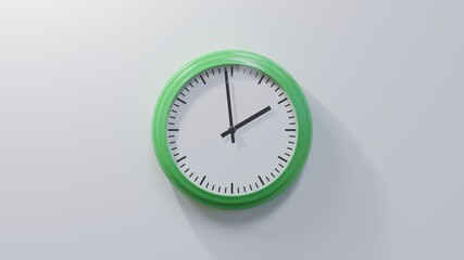 Glossy green clock on a white wall at fifty-nine past one. Time is 01:59 or 13:59