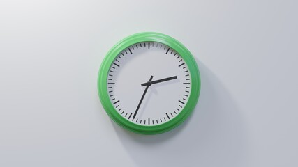 Glossy green clock on a white wall at thirty-four past two. Time is 02:34 or 14:34