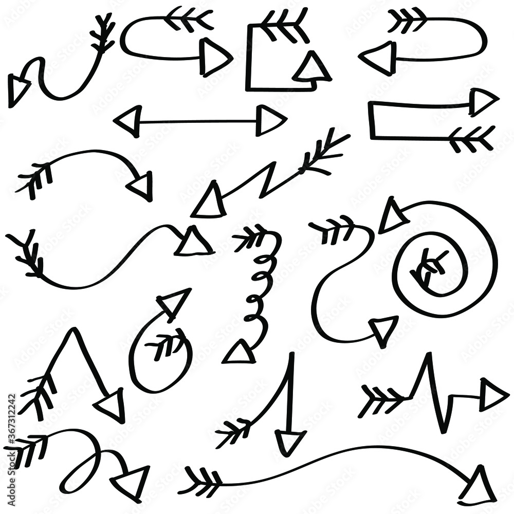 Poster abstract set black collection hand drawn different arrows elements vector design sketch style doodle