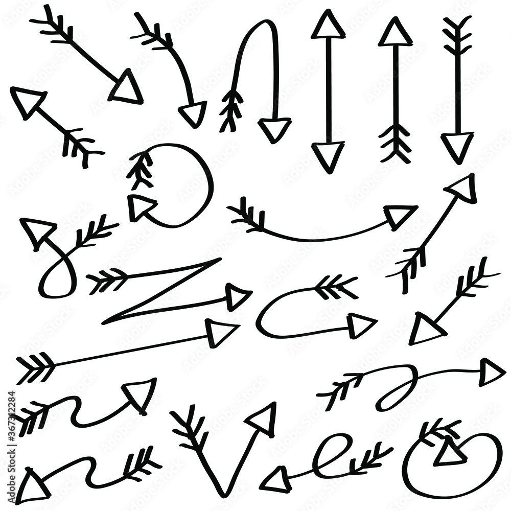 Poster abstract set black collection hand drawn different arrows elements vector design sketch style doodle