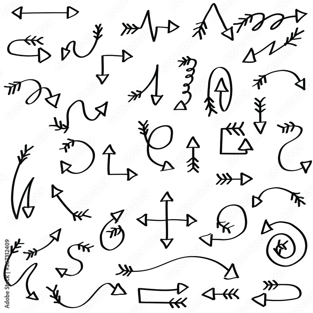 Poster abstract set black collection hand drawn different arrows elements vector design sketch style doodle