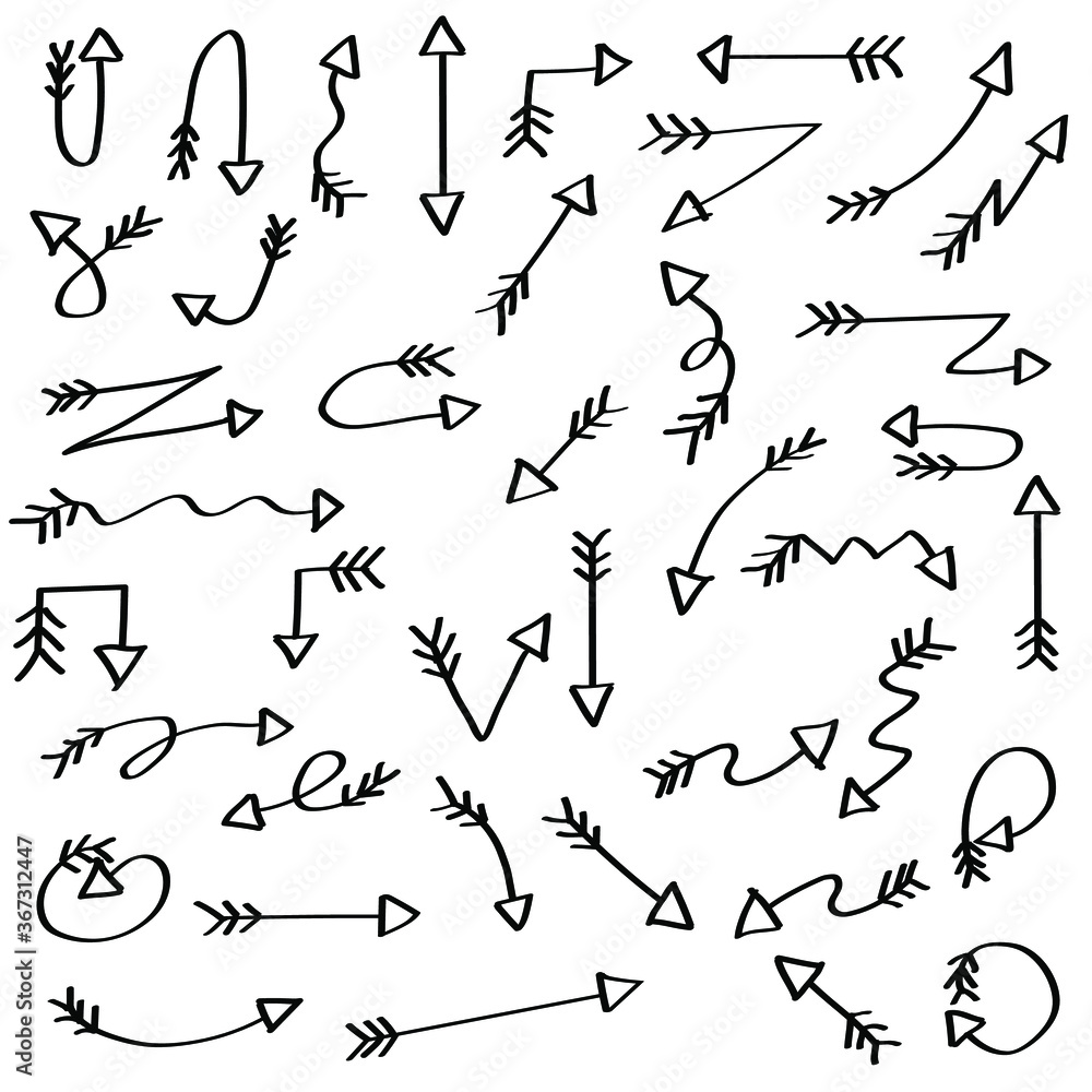 Poster abstract set black collection hand drawn different arrows elements vector design sketch style doodle