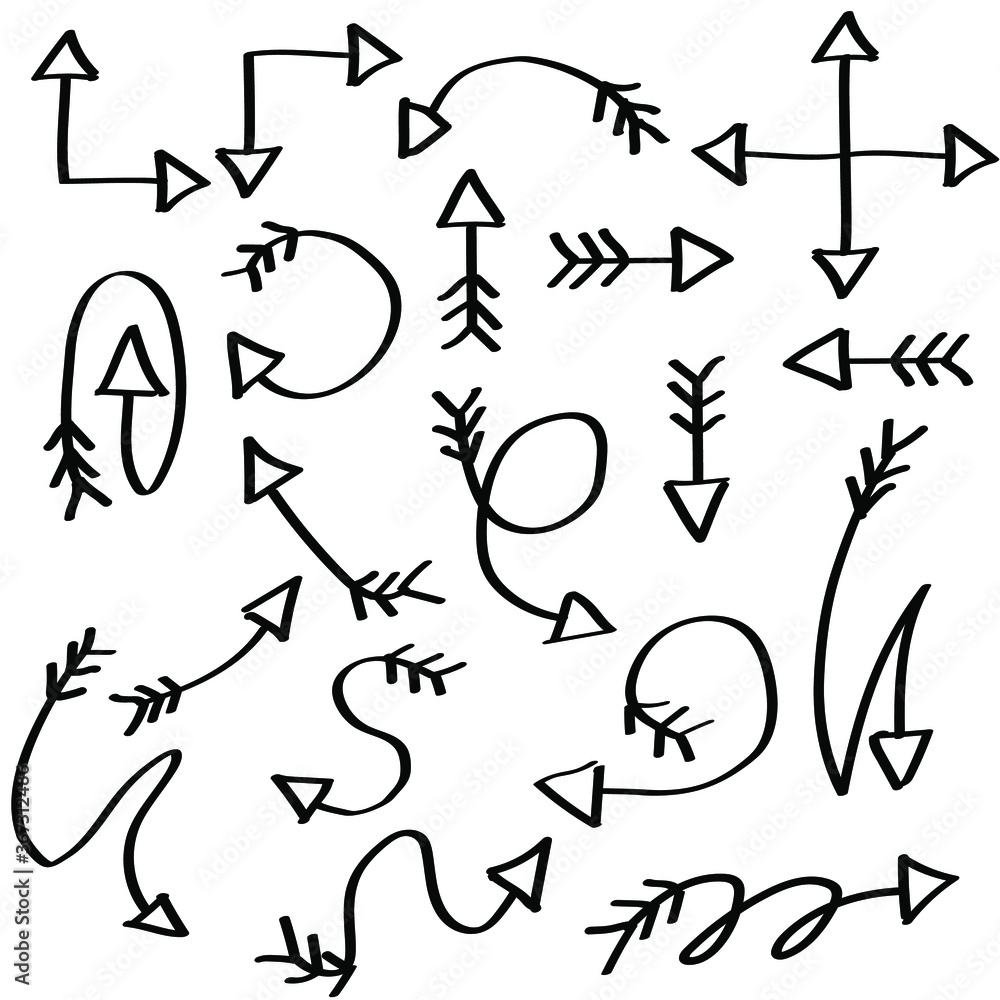 Poster abstract set black collection hand drawn different arrows elements vector design sketch style doodle