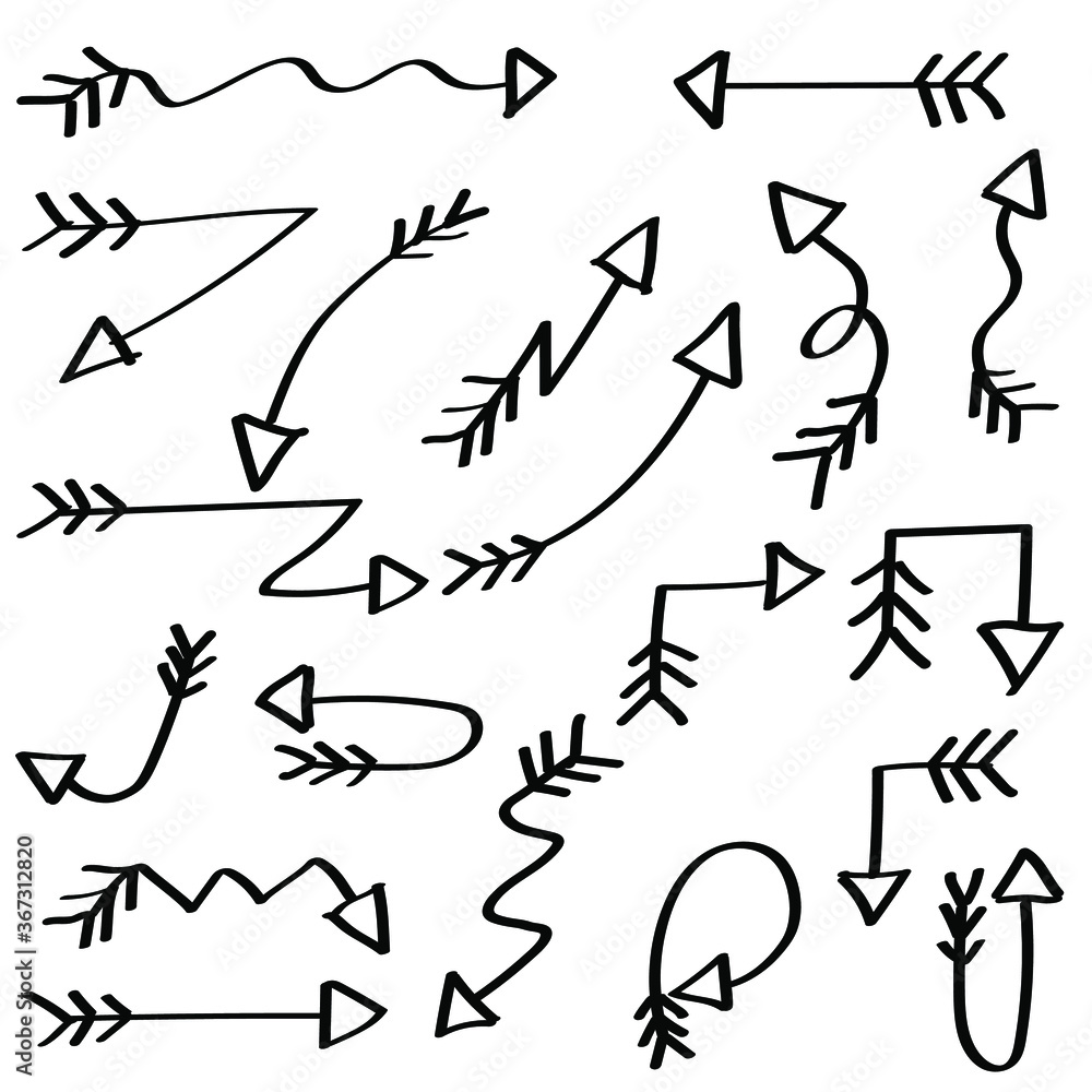 Poster abstract set black collection hand drawn different arrows elements vector design sketch style doodle