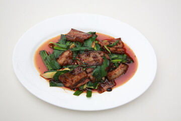 Close up of  one of the most popular Chinese Sichuan province cuisine Twice-cooked pork