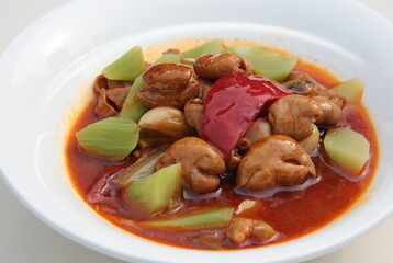 Close up of  typical Chinese Sichuan province style Cuisine Braised Pork Intestines with garlic and lettuce 