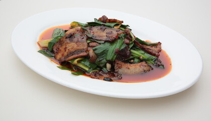 Close up of  one of the most popular Chinese Sichuan province cuisine Twice-cooked pork