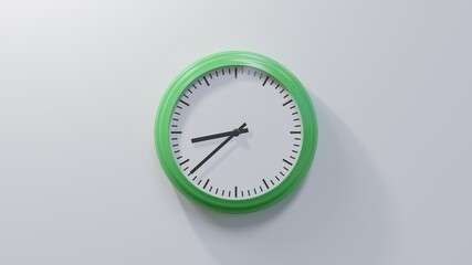 Glossy green clock on a white wall at thirty-eight past eight. Time is 08:38 or 20:38