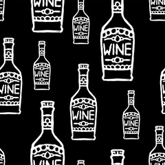 White wine bottles isolated on black background. Monochrome seamless pattern. Vector flat graphic hand drawn illustration. Texture.