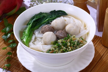 Close up of a typical Cantonese and Hong Kong cuisine Fish and Beef ball rice noodle