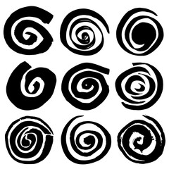  Set of swirling circles. Black spiral circles of ink. Swirling grungy elements. Hypnotic spiral movement