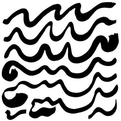 Wavy ink lines. Black brush strokes. Collection of black smears