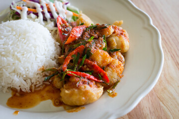 chicken fried in a spicy sauce and rice, Thai