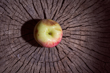 Ripe apple lying on the wooden frame.