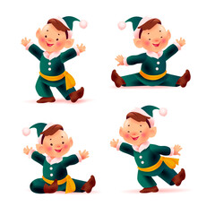 Collection of little and funny santa elves in green costumes and hats smiling isolated on white  background. Christmas mascot character sit, dance, stand, wave greeting. Vector flat illustration. 