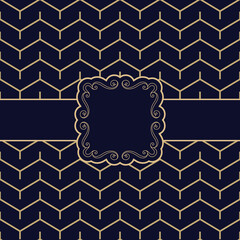 Vintage label and simple geometric pattern with zigzag lines. Black and gold ornamental background in minimal style. 