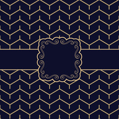Vintage label and simple geometric pattern with zigzag lines. Black and gold ornamental background in minimal style. 