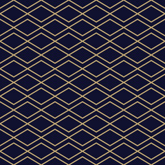 Abstract geometric pattern with golden zigzag lines. Simple diamond ornament. Elegant gold and black background. Seamless texture in minimal style.