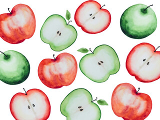 Bright picture with the image of painted fruits. Close-up, view from above, no people. Watercolor paint. Concept of delicious and healthy food