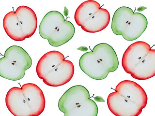 Bright picture with the image of painted fruits. Close-up, view from above, no people. Watercolor paint. Concept of delicious and healthy food