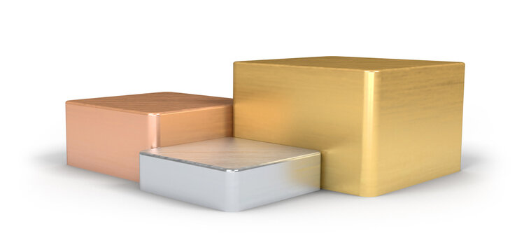 Gold, bronze and silver podium in square shape for winner and product display with clipping path. 3d illustration.