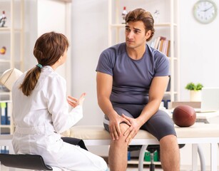 Handsome american footbal player visiting female doctor traumato