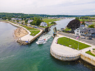 Annisquam River Estuary aerial view at Gloucester Harbor in Gloucester, Cape Ann, Massachusetts MA, USA. The river is connected to Gloucester Harbor by Blynman Canal.