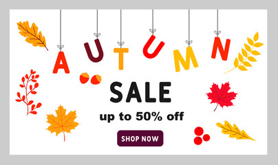 Special offer, Autumn sale, discount up to 50%, banner discount with maple leaves, top view. Autumn template for your creativity with red and yellow autumn leaves