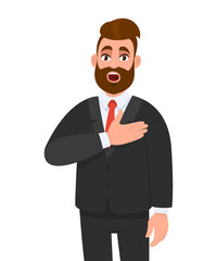 Shocked young business man having heart ache, holding hand on chest. Heart attack or stroke. Stressed person suffering chest pain. Healthcare, modern lifestyle illustration in vector cartoon style.
