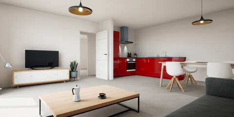 salon séjour et cuisine rouge vue 3d 02