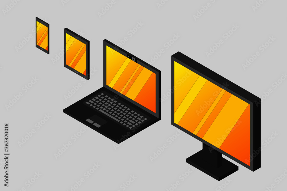Poster isometric vector set of computer laptop tablet pc and smart-phone. 3d devices on modern background.