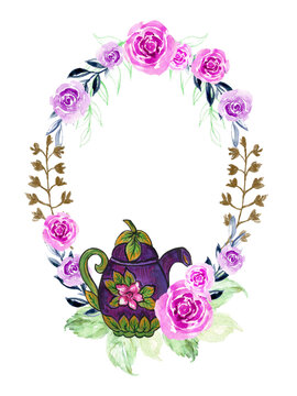Vintage watercolor teatime party ceramic and rose pink purple color flower blossom leaves foliage splash template wreath for wallpaper, fabric, wrapping, card