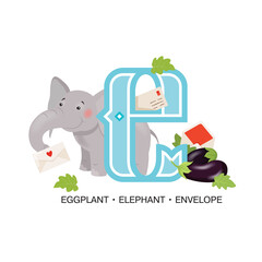 ABC Nursery Decor Print. Letter E is for elephant with envelopes and eggplants