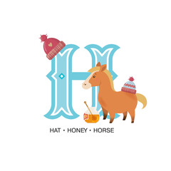 ABC Nursery Decor Print. Letter H is for horse with hat and honey