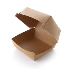 Blank opened brown craft burger box isolated on white background. Empty eco friendly disposable...