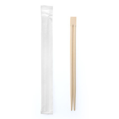 Blank wooden chopstick mockup isolated on white background. Clean disposable cutlery mock up for food delivery. Clear kitchenware for template. Eco cutlery one time use for picnic. Studio Photography.