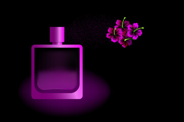 Perfume water is sprayed from a glass bottle. Flower buds emphasize the bright and feminine fragrance of the perfume composition.