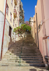 Steep stepped street laying between pastel colored buildings typical for Lisbon, Portugal. 