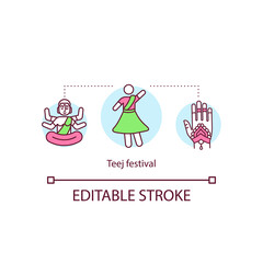 Teej Festival concept icon. Monsoon season. Indian religious and public holidays. Hindu women festivals idea thin line illustration. Vector isolated outline RGB color drawing. Editable stroke