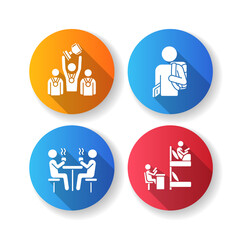 Student life flat design long shadow glyph icons set. Campus life and activity. University living. Flatmates studying in dormitory room. People drinking hot drinks. Silhouette RGB color illustration