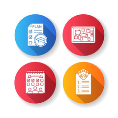 Student activities flat design long shadow glyph icons set. Educational plan. Flatmates agreement. Classroom corkboard. University entertainment. College events. Silhouette RGB color illustration