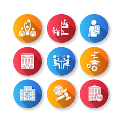 University life flat design long shadow glyph icons set. Freshmen life and activities. College education. Library and dormitory. Students residence hall. Silhouette RGB color illustration