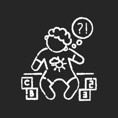 Developmental delay chalk white icon on black background. Child with difficulty of learning. Cognitive ability problem. Support for special need toddler. Isolated vector chalkboard illustration
