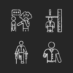 Medical condition chalk white icons set on black background. Asperger syndrome. Difficulty with social interaction. Adult with dwarfism. Health care problem. Isolated vector chalkboard illustrations