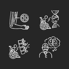 Disability chalk white icons set on black background. Muscular dystrophy. Chronic genetic disease. Paralyzed patient in wheelchair. Aging man with dementia. Isolated vector chalkboard illustrations