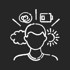 Mental health conditions chalk white icon on black background. Psychological disorder. Psychotherapy for patient. Stress and depression. Mood swings. Isolated vector chalkboard illustration