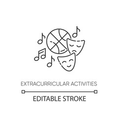 Extracurricular activities pixel perfect linear icon. Sport training, drama class and music thin line customizable illustration. Contour symbol. Vector isolated outline drawing. Editable stroke